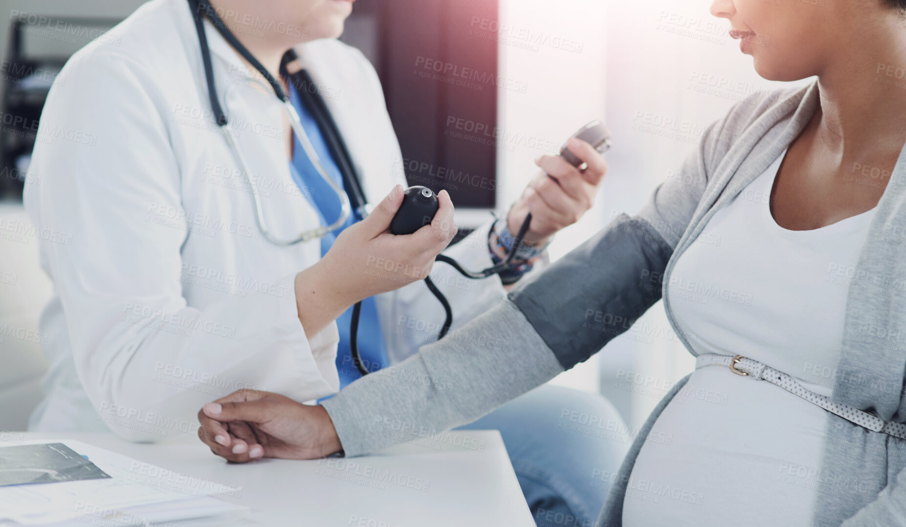 Buy stock photo Blood pressure, gynecology and doctor with a pregnant woman for a consultation of health. Hospital, wellness check and a medical worker with a patient consulting about hypertension during pregnancy