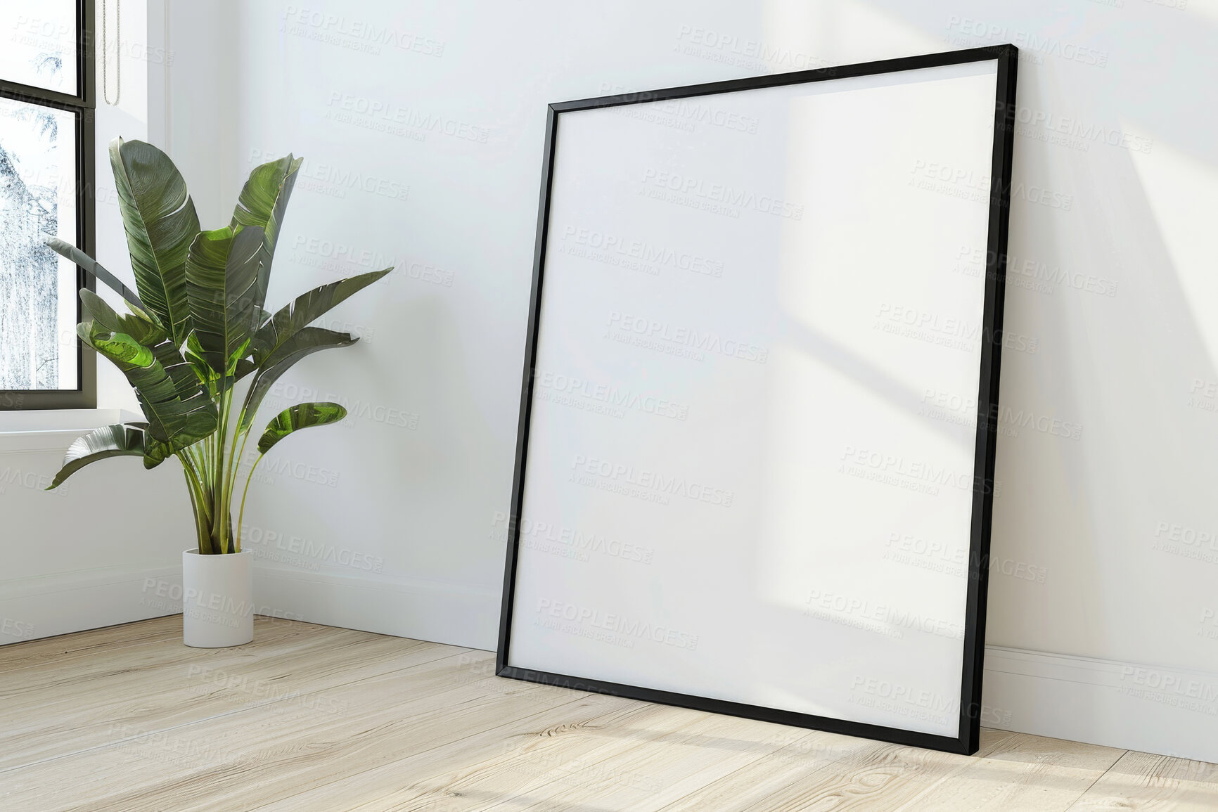 Buy stock photo Interior, blank frame and home decor for art, creative space and plant for minimal or sustainable style. Apartment, empty canvas or poster for painting, aesthetic and plain design in renovation