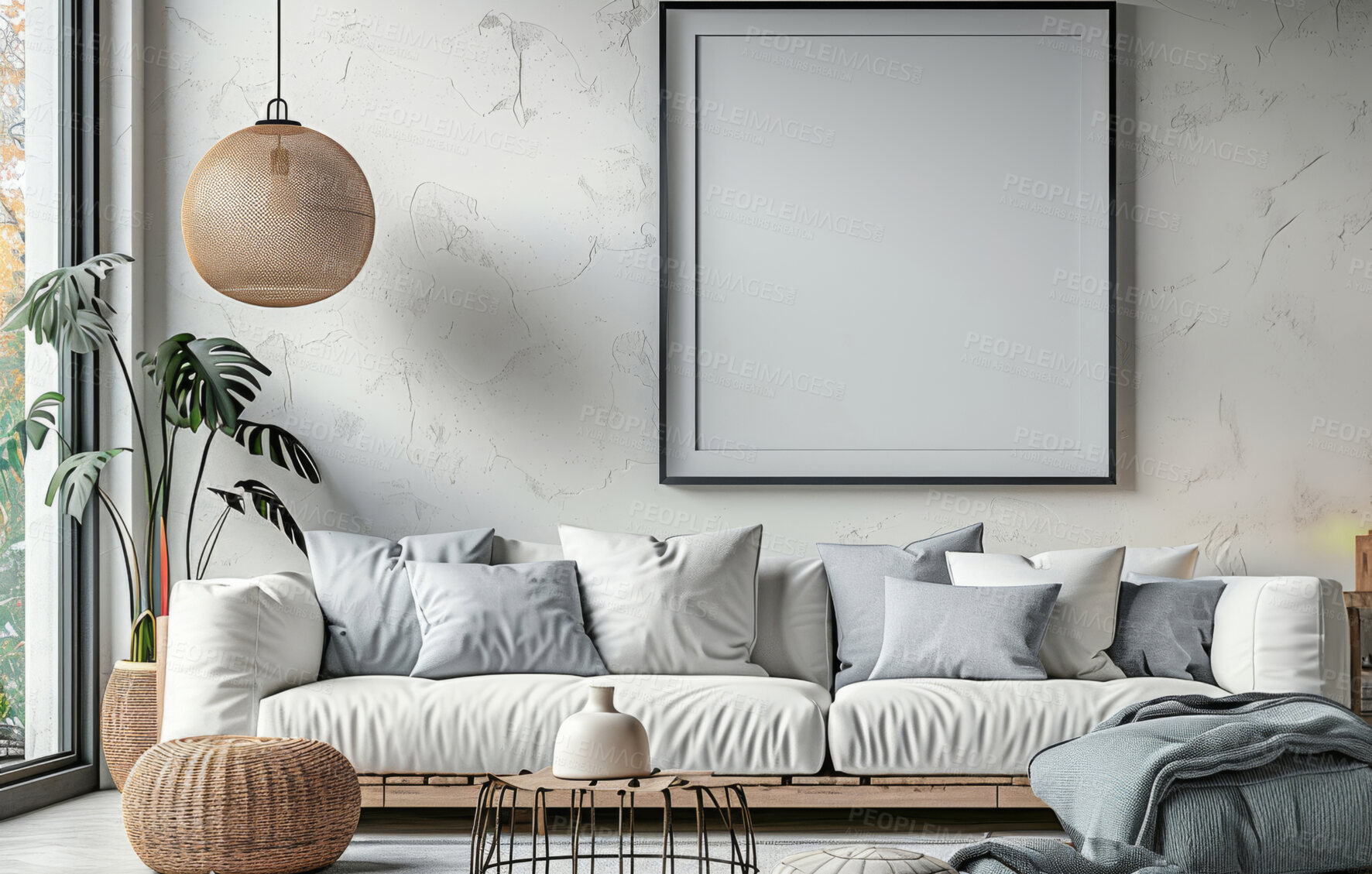 Buy stock photo Interior design, empty frame or living room decor with sofa for creativity, hospitality or mockup space. Architecture, blank canvas and home renovation with cozy aesthetic or comfortable style lounge