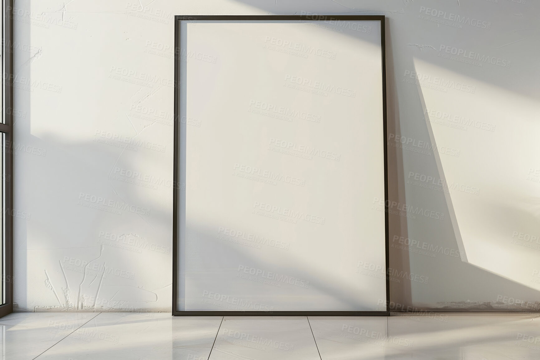 Buy stock photo Black frame, home and mockup space with poster, art and canvas for gallery or house. Blank paper, design and wall for minimalist interior decor while moving to new real estate with room decoration