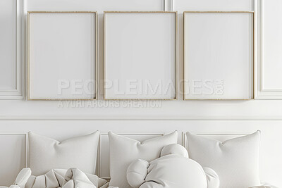 Interior, home decor and empty frame at couch for creative space, aesthetic or furniture in apartment. Art, mockup or blank canvas for luxury house, calm living room or natural decoration in lounge