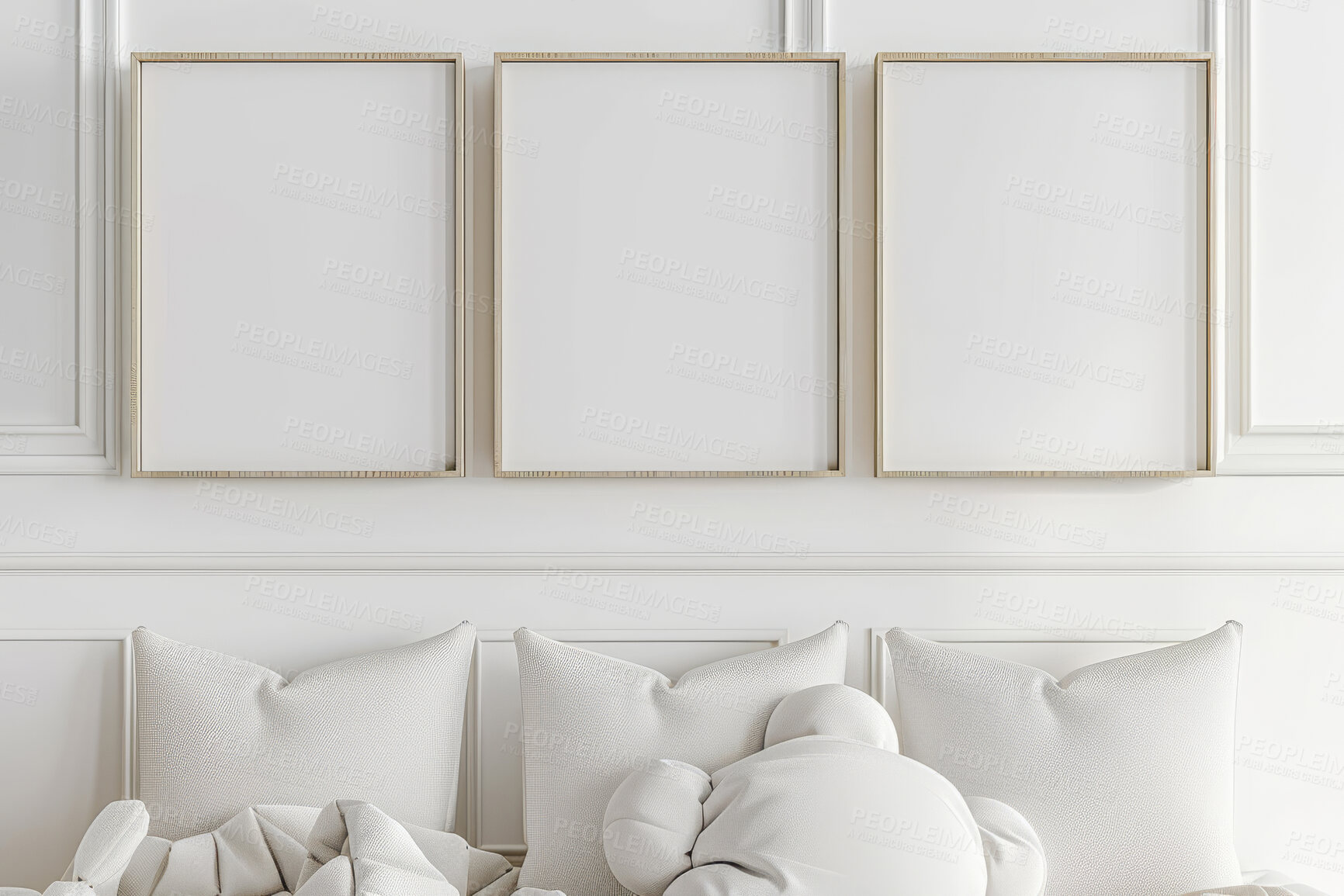 Buy stock photo Interior, home decor and empty frame at couch for creative space, aesthetic or furniture in apartment. Art, mockup or blank canvas for luxury house, calm living room or natural decoration in lounge