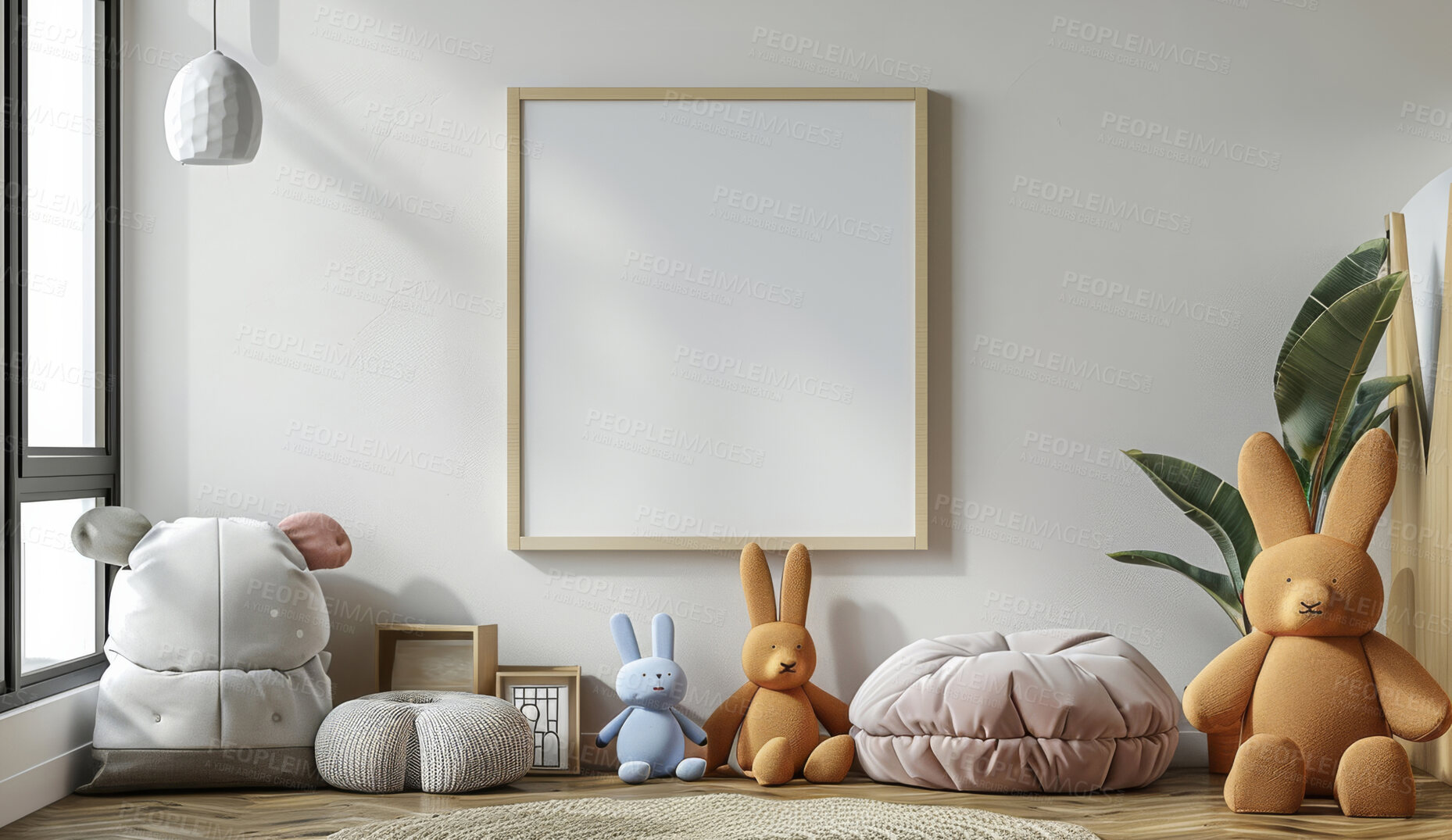 Buy stock photo Interior, blank frame and home decor in nursery, creative space and simple for minimal or sustainable style. Apartment, empty canvas or mockup for painting, play room and plain design in renovation