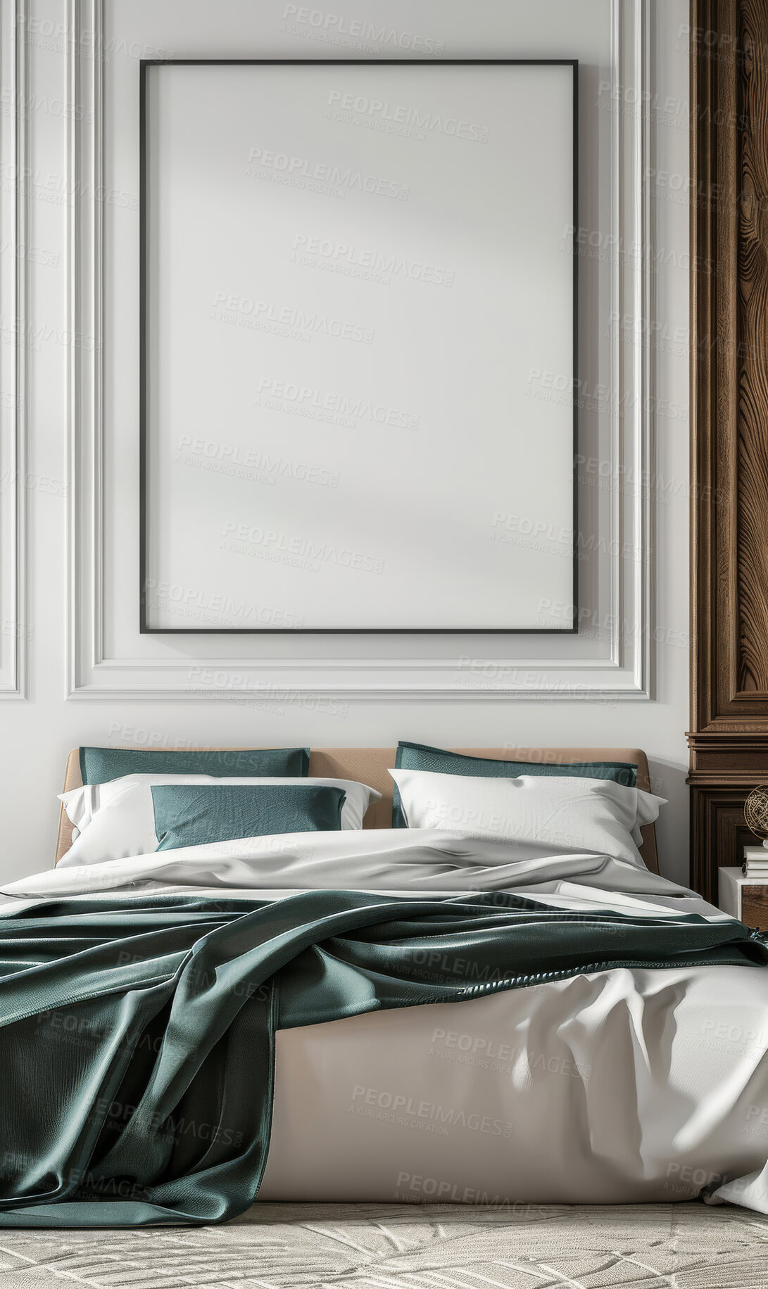 Buy stock photo Interior, home decor and empty frame in bedroom for creative space, aesthetic or furniture in apartment. Art, mockup or blank canvas for luxury house, calm or natural decoration with hotel bed design