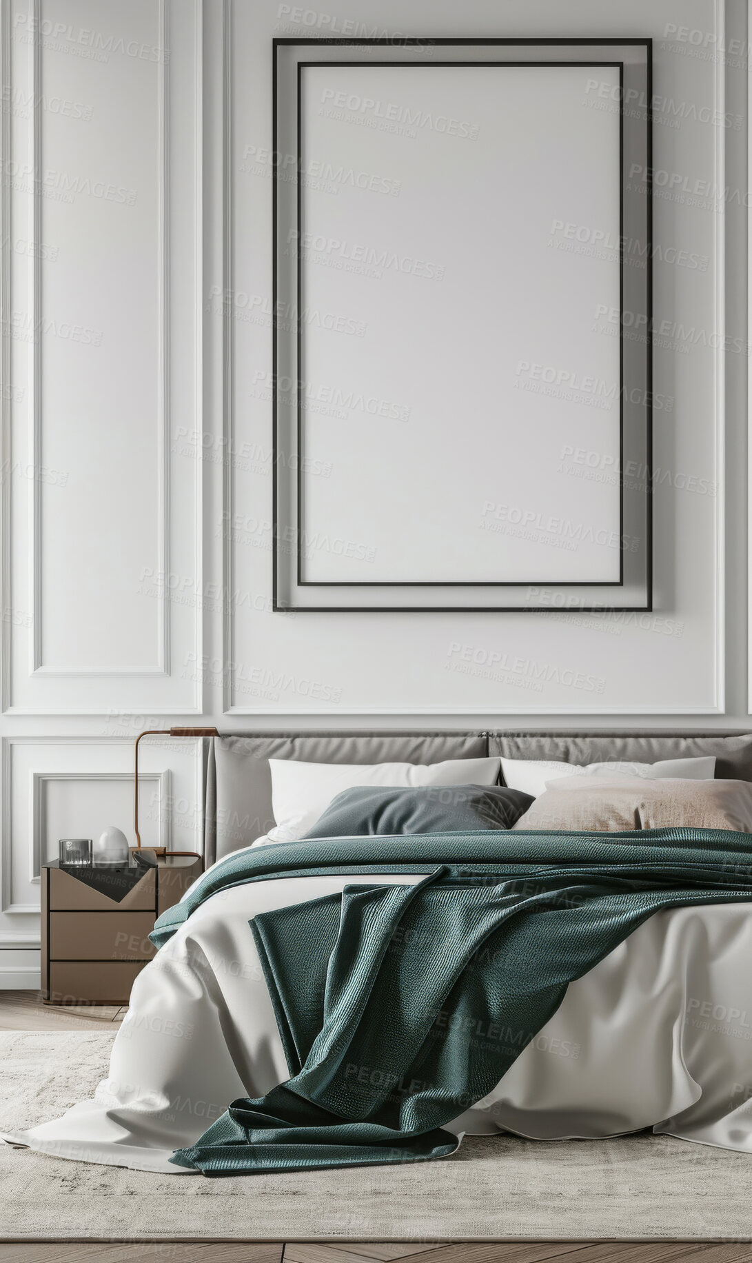 Buy stock photo Interior design, home decor and empty frame in hotel room for creative space, aesthetic or furniture in apartment. Art, mockup or blank canvas for luxury house, calm or natural decoration in bedroom