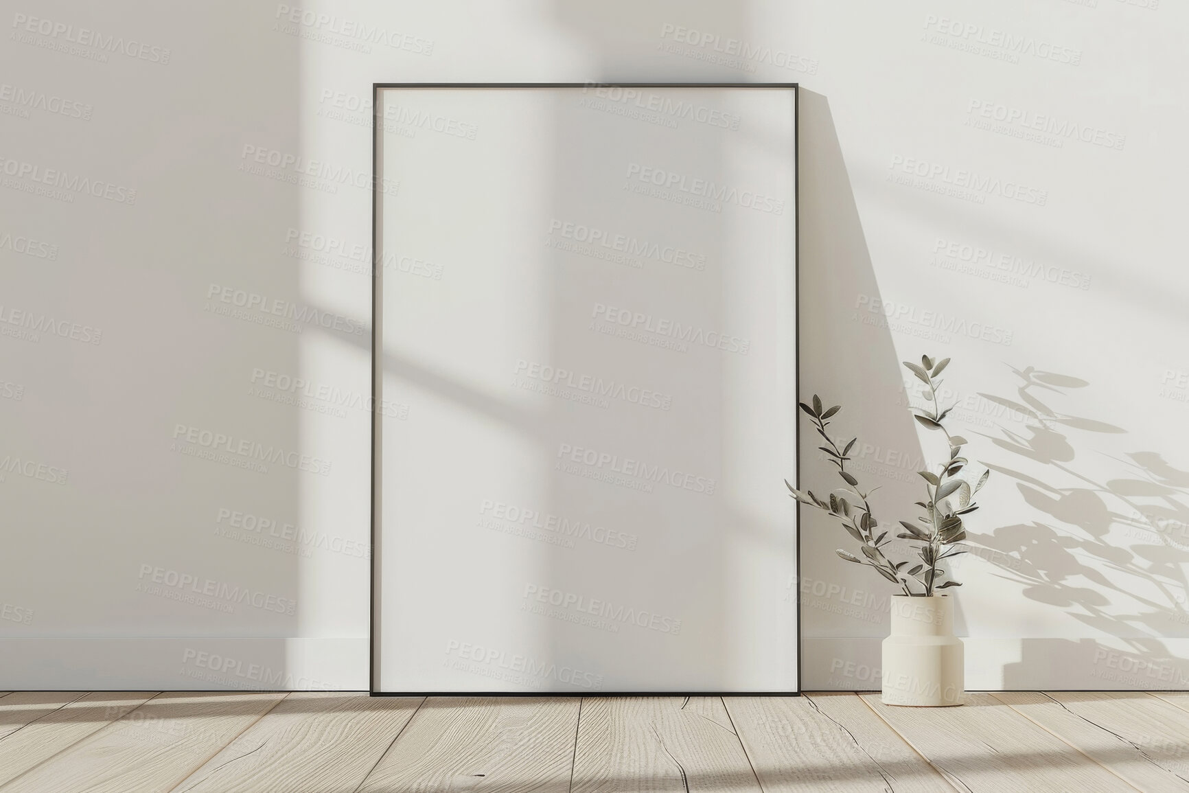 Buy stock photo Interior, photo frame and empty home decor for art, creative space and plant for minimal or sustainable style. Apartment, blank canvas or poster for painting, aesthetic and plain design in renovation