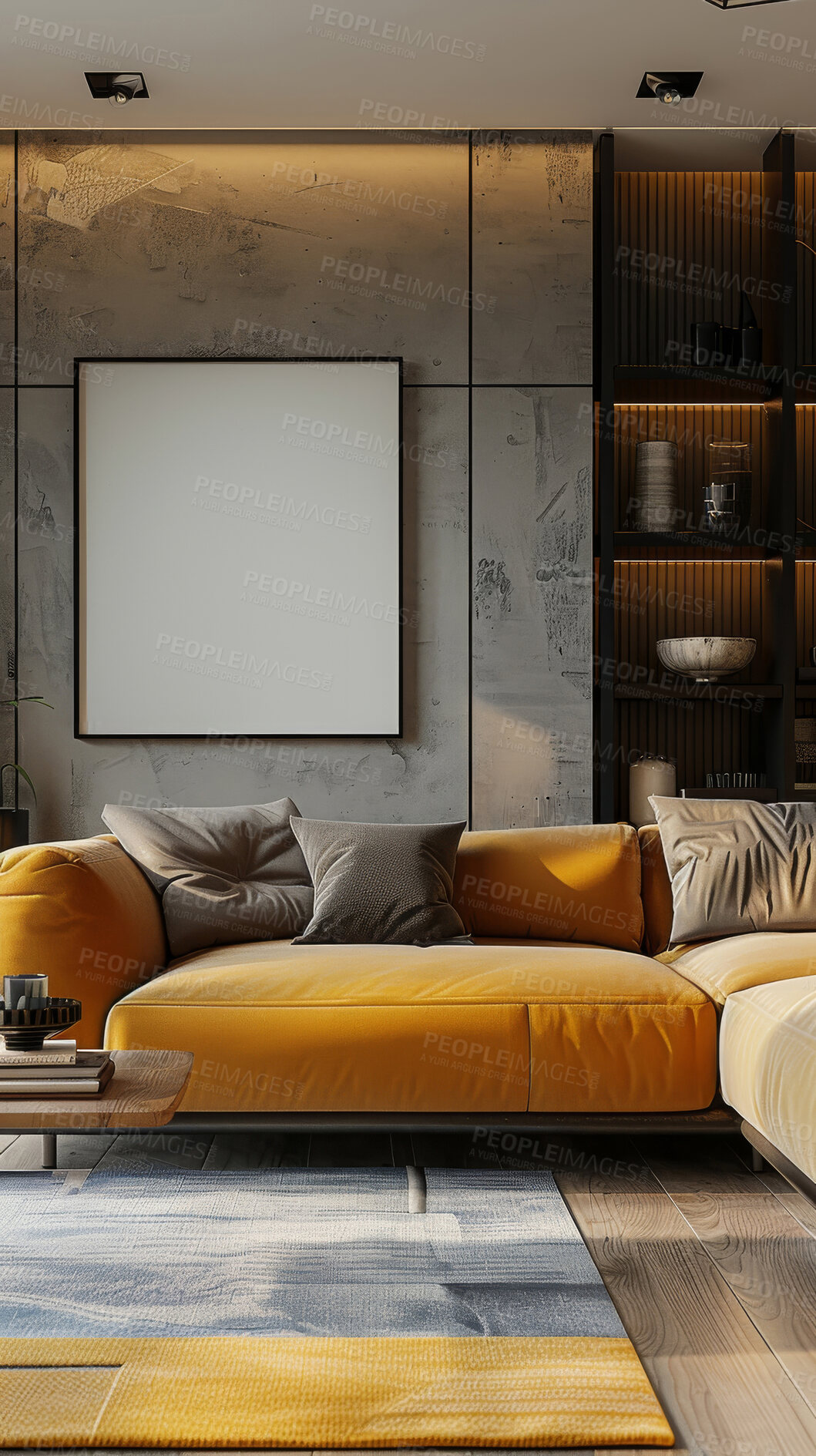 Buy stock photo Interior design, decor and empty frame in living room for creative space, aesthetic home or furniture in apartment. Art, mockup or blank canvas for luxury house, calm or natural decoration in lounge