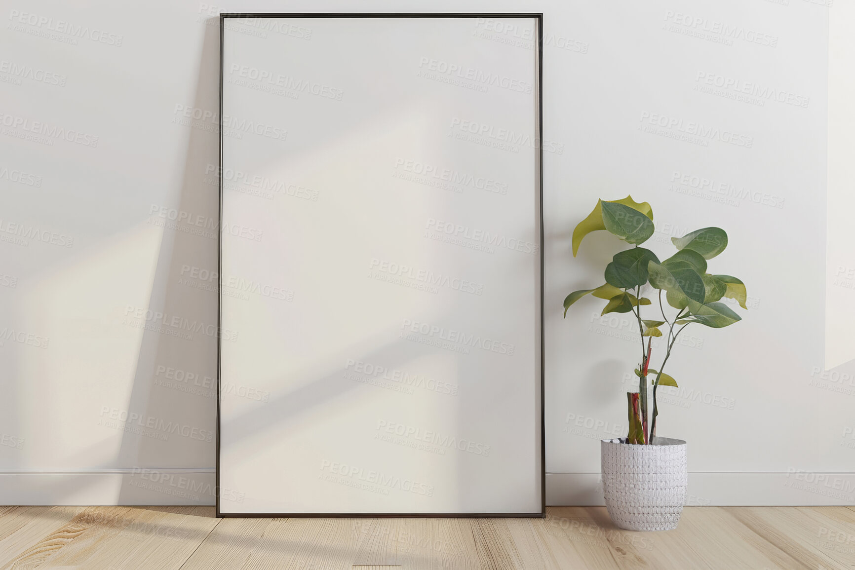 Buy stock photo Interior, blank frame and home decor for painting, creative space and plant for minimal or sustainable style. Apartment, empty canvas or clean in living room, aesthetic and plain design in renovation