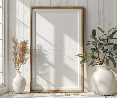 Interior, blank frame and home decor for plants, creative space and clean for minimal or sustainable style. Apartment, empty canvas or poster for painting, aesthetic and design for product placement