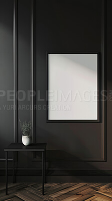 Interior, decor and empty frame in modern home for creative space, art or aesthetic in dark apartment. Poster, mockup or blank canvas for luxury house, calm hallway or ideas for minimal decoration