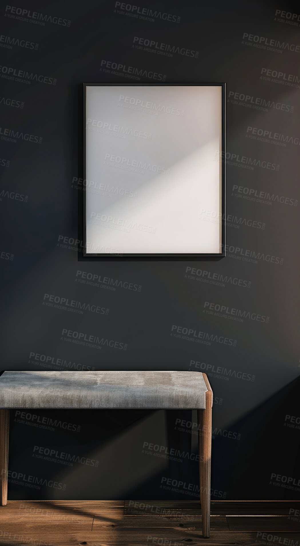 Buy stock photo Interior design, decor and empty frame in modern home for creative space, art or aesthetic in dark apartment. Ideas, mockup or blank canvas for luxury house, calm hallway for minimal decoration.