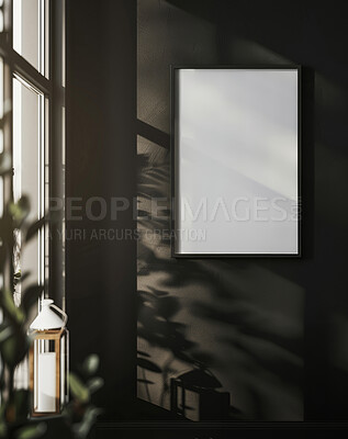 Interior, decor and empty frame in dark home for creative space, shadow art or designer aesthetic in apartment. Wall, mockup or blank canvas for luxury condo, calm window or natural house decoration