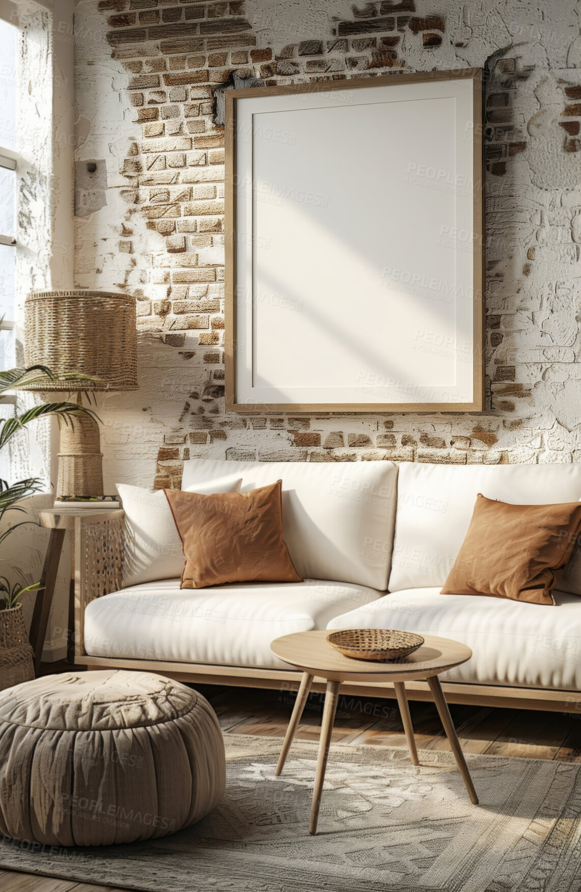 Buy stock photo Interior, home decor and empty frame in living room for creative space, mirror art or designer furniture in apartment. Sofa, mockup or blank canvas for luxury condo, calm or natural house decoration