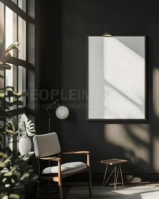 Interior, decor and empty frame in apartment for creative space, art or aesthetic in dark home. Window, mockup or blank canvas for luxury living room, calm condo or ideas for minimal decoration.