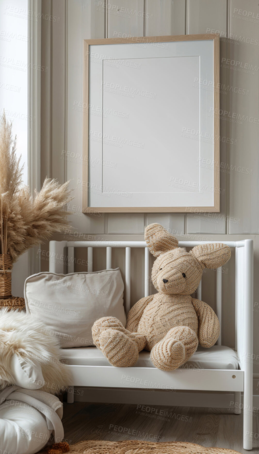 Buy stock photo Interior, blank frame and home art in nursery, creative space and simple for minimal or sustainable style. Apartment, empty canvas or mockup for play room, aesthetic and teddy bear in renovation