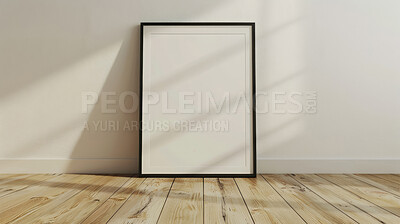 Home, wood frame and blank poster with mockup space for picture, design on floor in a house. Decoration, white wall and living room with moving in to new real estate with minimalist interior and art