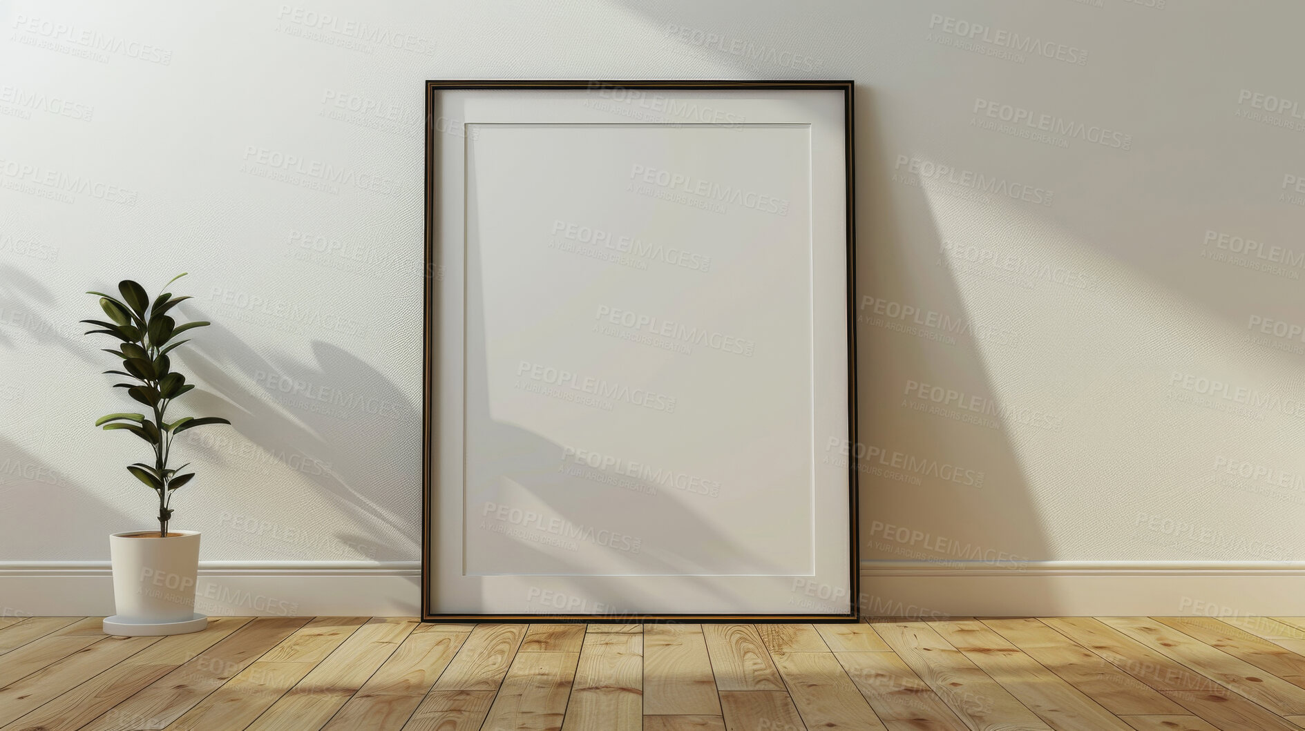 Buy stock photo Minimal, frame and blank poster with mockup space for picture, design or photo in a home. Decoration, white wall and living room with moving in to new real estate with minimalist interior and art