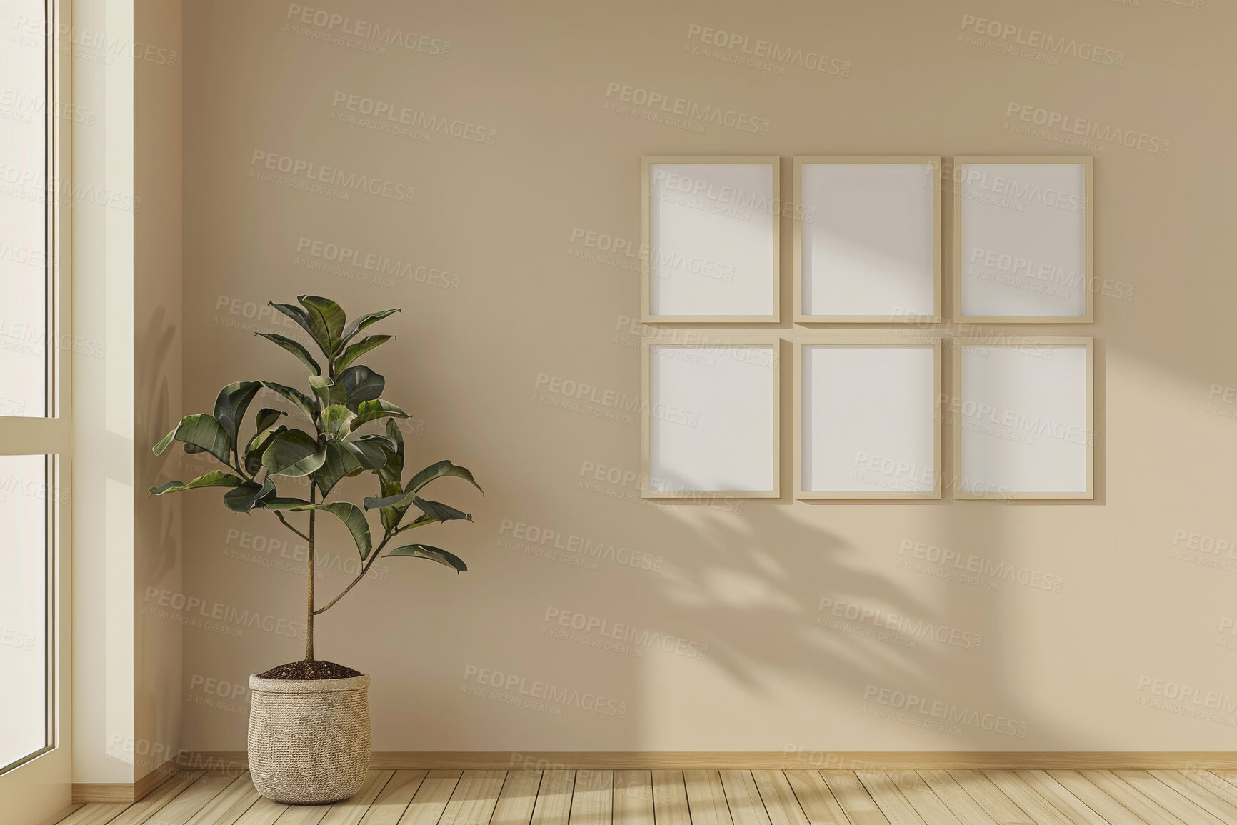 Buy stock photo Interior design, empty frames and creative with decor for space, mockup poster and plant on background. Architecture, blank canvas or home renovation with simple aesthetic or minimal style apartment