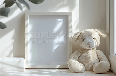 Frame, baby room and mockup space with teddy bear, art and canvas for gallery or house. Blank paper, nursery and wall for minimalist interior decor while moving in to new real estate with decoration