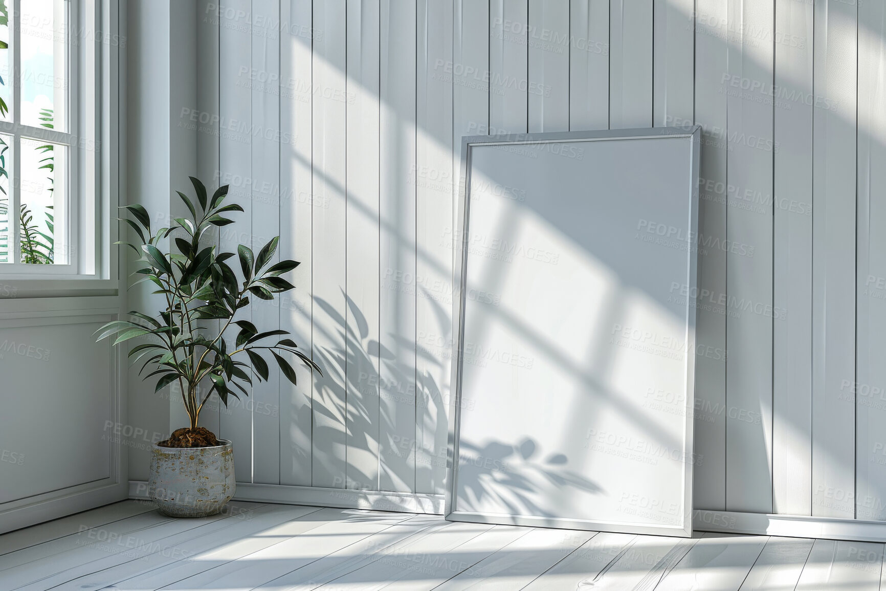 Buy stock photo Interior design, empty frame and plant in living room with sunlight for creativity, inspiration or mockup. Architecture, blank canvas and home renovation with simple aesthetic and minimal style space