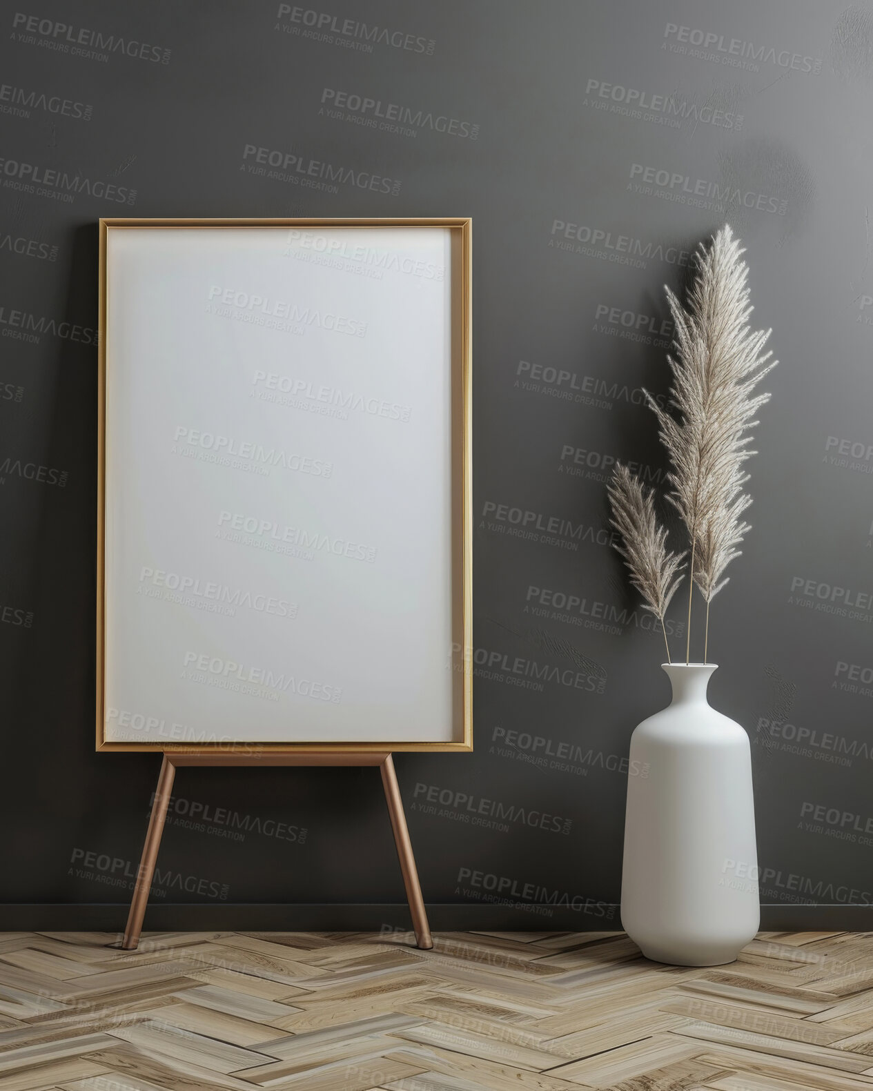 Buy stock photo Interior, blank frame and home for art in lounge, creative space and plant for minimal or sustainable style. Apartment, empty canvas or poster for painting, aesthetic and plain design in renovation