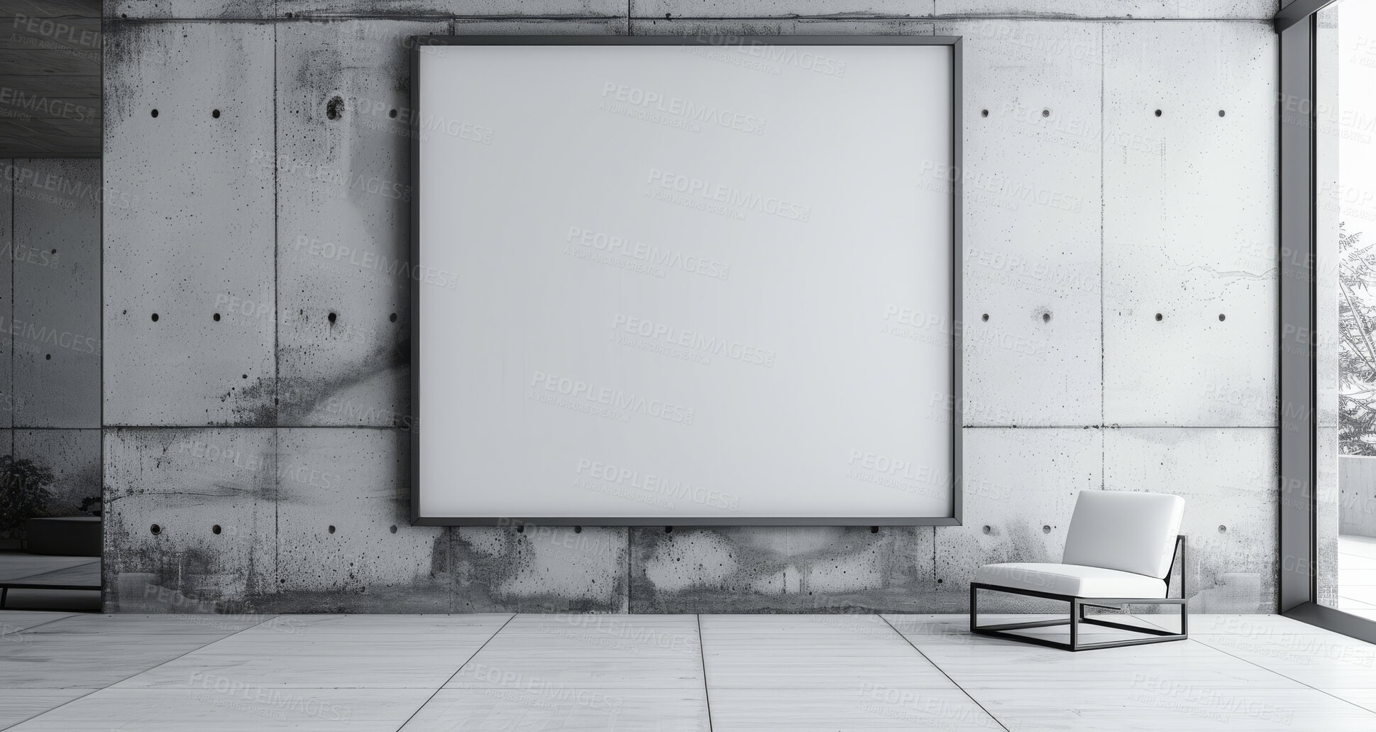 Buy stock photo Home, frame and poster mockup for interior design with minimal, concrete and brutalist aesthetic or architecture. Blank space for wall art, luxury and style with armchair in apartment or living room