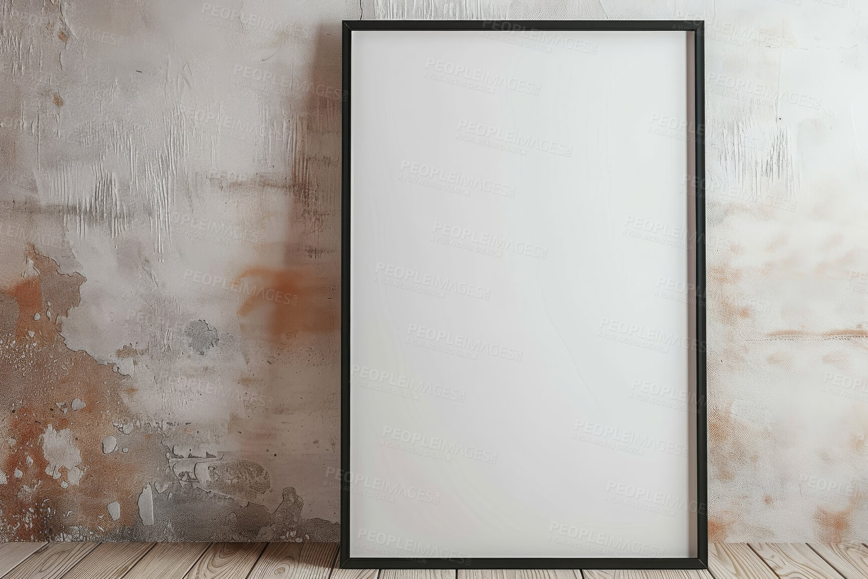 Buy stock photo Home, black frame and blank poster with mockup space for picture, design or photo in a house. Decoration, marble wall and living room with moving to new real estate with minimalist interior and art