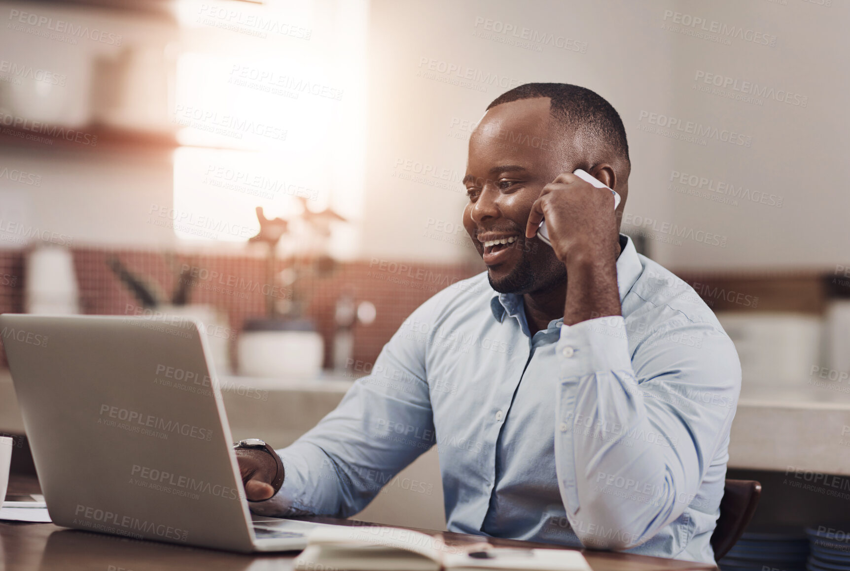 Buy stock photo Black man, phone call and communication in house with laptop, chat and cryptocurrency trading. Male trader, discussion and mobile for advice with stock market or finance deal, happy and investment