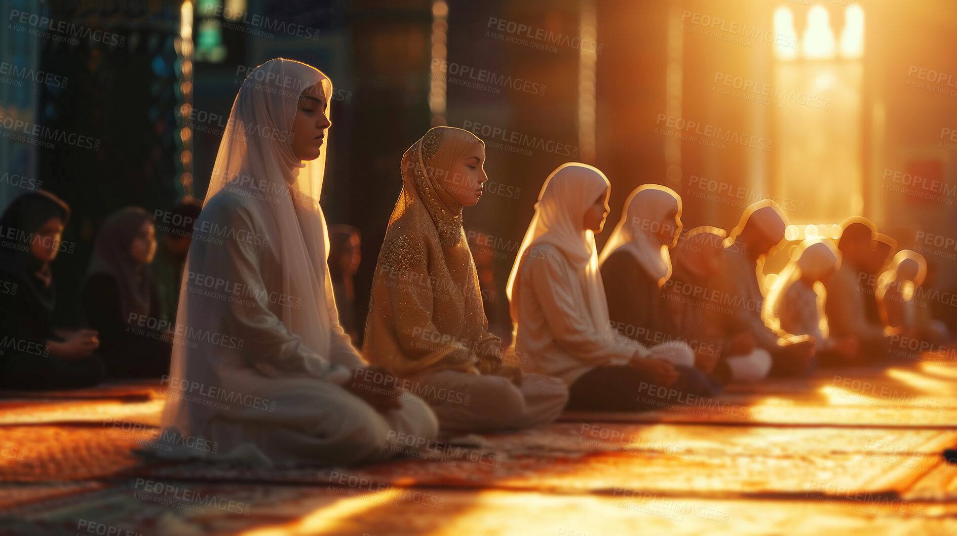 Buy stock photo Muslim, religion and people in mosque for praying, worship and ramadan tradition in temple. Sun, religious and men and women on floor with faith, belief and hope for prayer, praise and gratitude