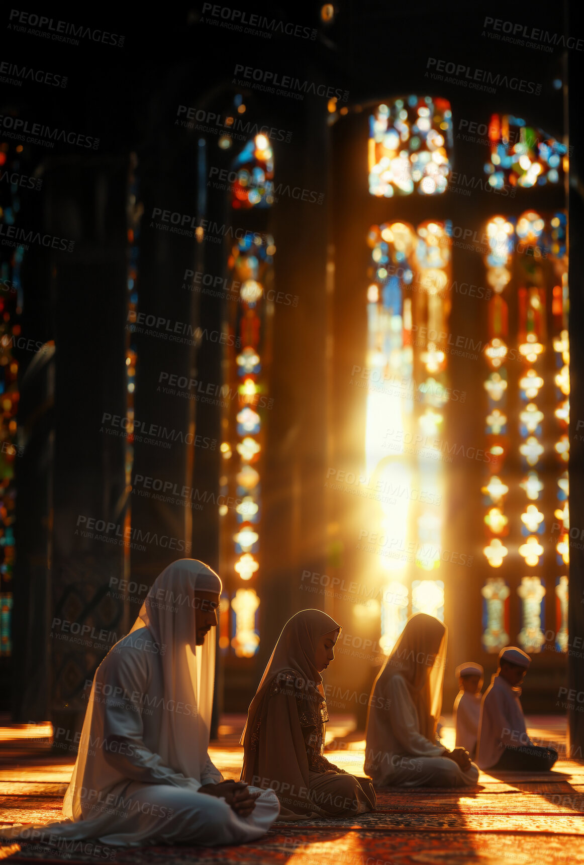 Buy stock photo Muslim, praying and people in mosque for worship, spiritual service and Ramadan in temple. Islam, religious and men and women on floor with faith, belief and hope for prayer, praise and gratitude