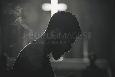 Church, black and white with man, praying and faith with peace and spiritual with religion. Profile, person in sanctuary and worship with monochrome, calm and Christian with trust, holy and gratitude