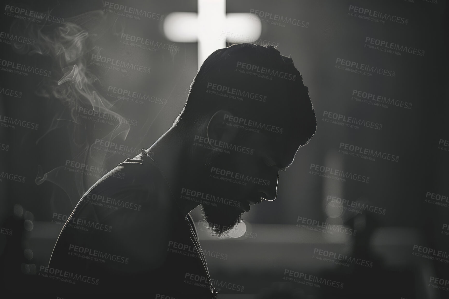 Buy stock photo Church, black and white with man, praying and faith with peace and spiritual with religion. Profile, person in sanctuary and worship with monochrome, calm and Christian with trust, holy and gratitude