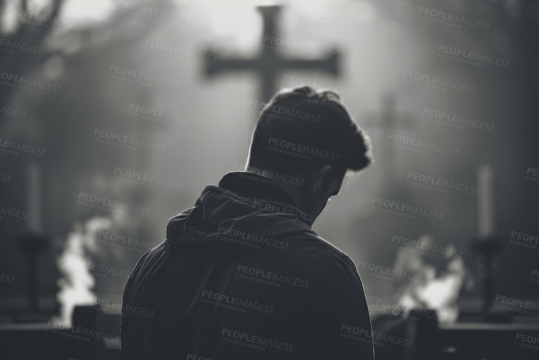 Buy stock photo Faith, black and white with man, praying and gratitude with peace and spiritual with religion. Hope, person in sanctuary and worship with monochrome, calm and Christian with trust, holy and culture