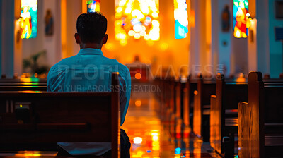 Man, church and back for prayer, faith and religion for security or gratitude and support. Male person, guidance and respect for worship or spiritual healing, chapel and belief for connection to God