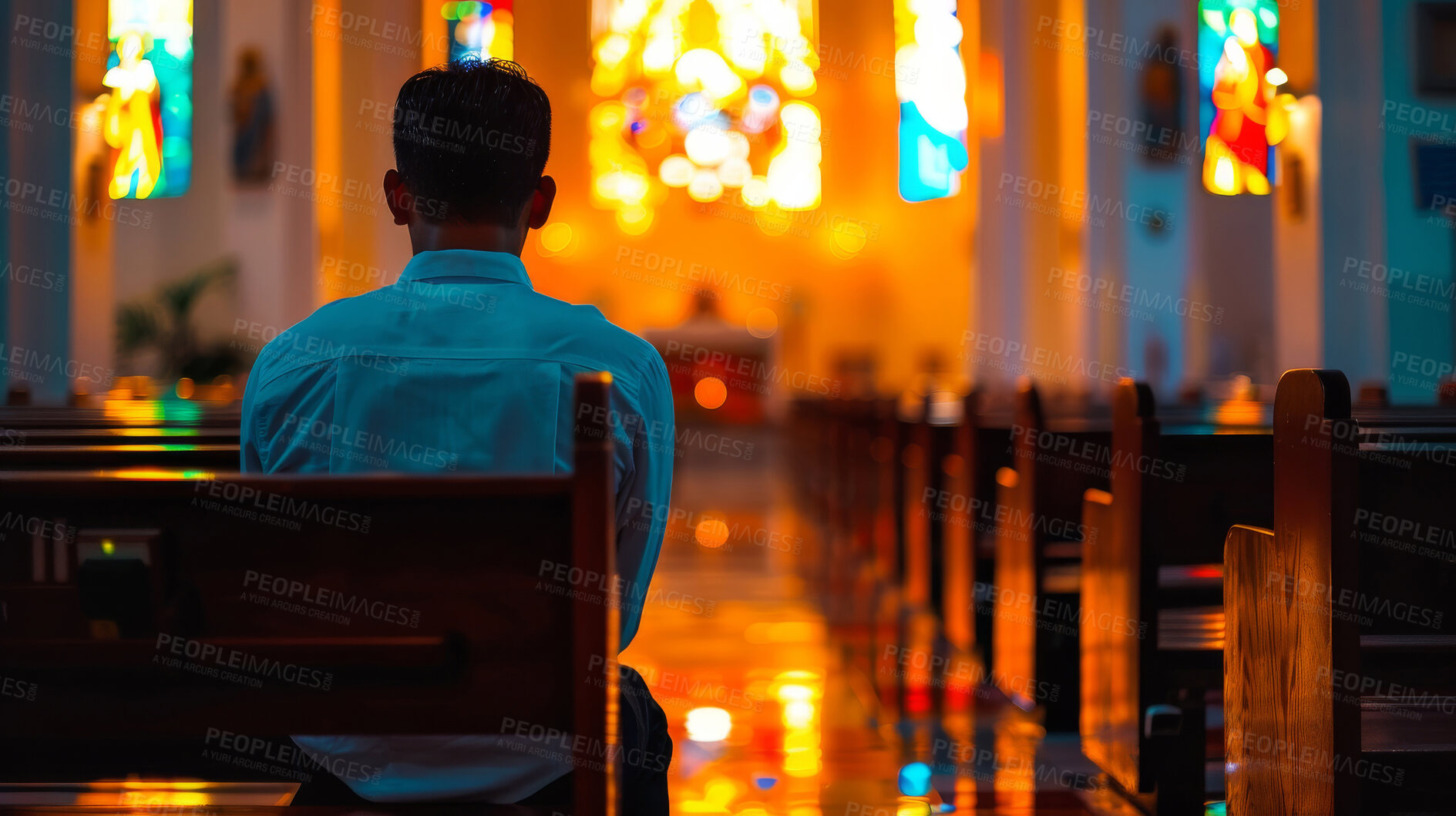 Buy stock photo Man, church and back for prayer, faith and religion for security or gratitude and support. Male person, guidance and respect for worship or spiritual healing, chapel and belief for connection to God