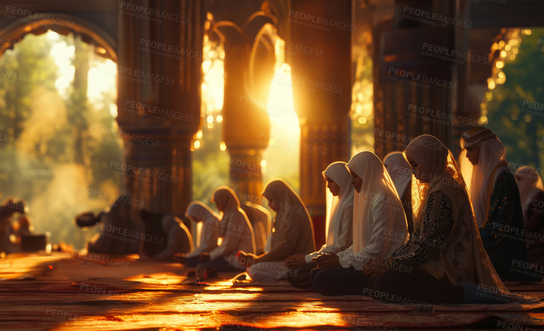 Buy stock photo Muslim, praying and Islamic people in mosque for worship, spiritual religion and God on eid. Holy, religious and group and women on floor with faith, belief and hope for prayer, praise and gratitude