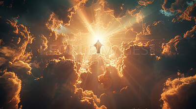 God, clouds and silhouette in heaven, sky or sunshine for creation power for light, matter or space. Angel, Jesus Christ or myth character in flight, religion or levitate in sunset for glow on beams