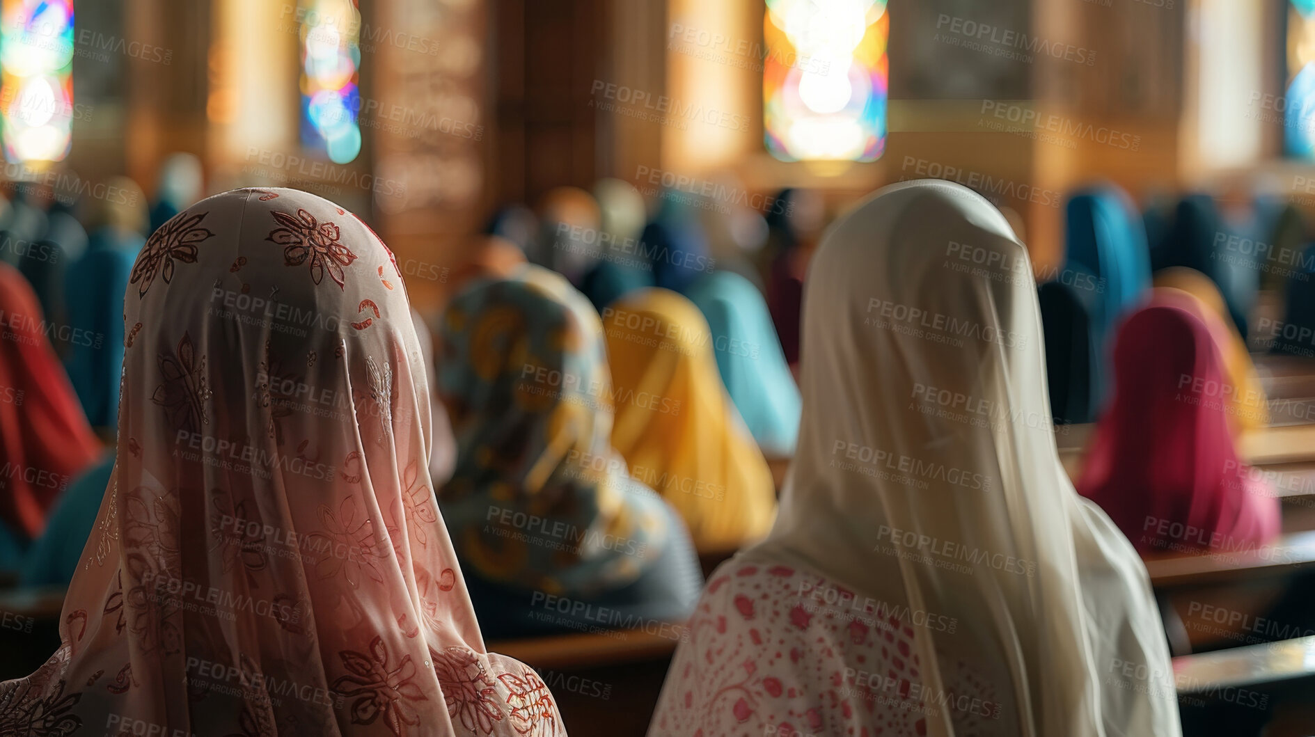 Buy stock photo People, church and back for holy prayer, faith and religion for security or gratitude and support. Women, scarf and respect for worship or spiritual healing, chapel and veil for connection to God