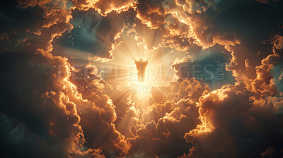 God, clouds and silhouette in sky with sunshine, power and creation of light, matter and space. Angel, Jesus Christ or myth character with flight, floating and levitation in heaven with glow on beams