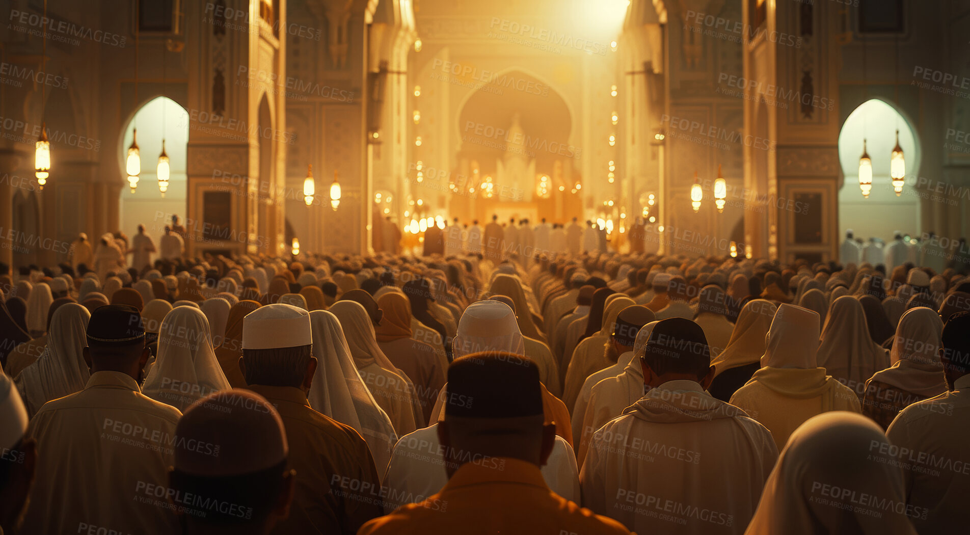 Buy stock photo Muslim, Islam and men praying in mosque for worship, spiritual service and religion. Sun, religious group and people at Ramadan with faith, belief and hope for prayer, praise God and gratitude