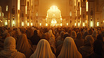 Muslim, Islam and people for prayer in mosque for worship, spiritual service and religion. Sun, religious group and crowd at Ramadan with faith, belief and hope for praying, praise God and gratitude