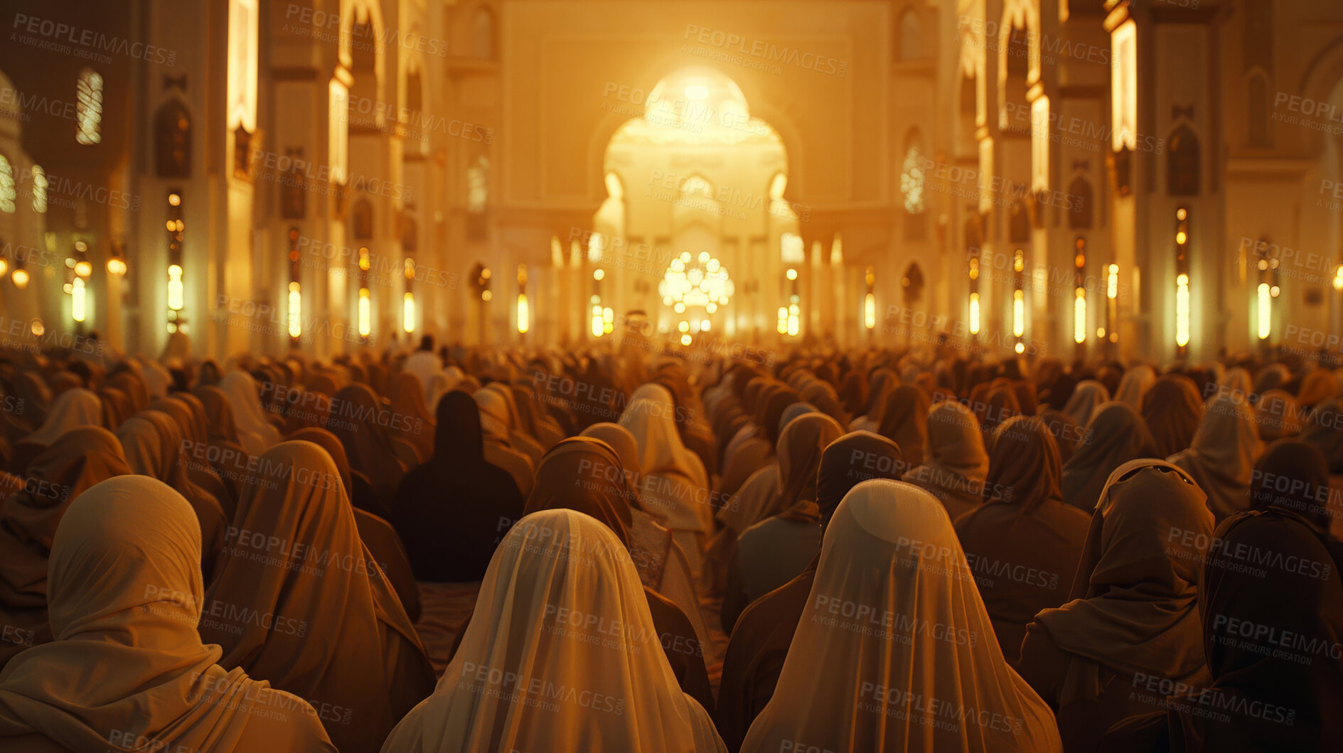 Buy stock photo Muslim, Islam and people for prayer in mosque for worship, spiritual service and religion. Sun, religious group and crowd at Ramadan with faith, belief and hope for praying, praise God and gratitude