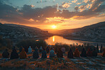 Muslim, faith and group of people with praying at sunset for worship, spiritual healing and support in dua. Allah, Islam and religion in nature with hijab for praise, Maghrib and peace on Salah mat