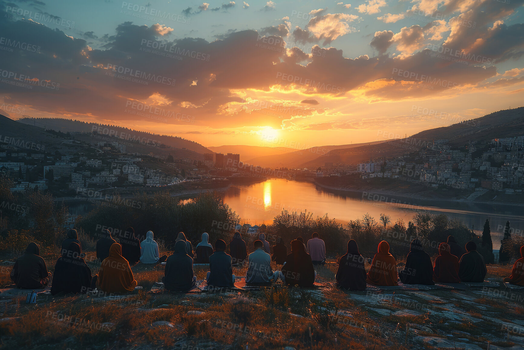 Buy stock photo Muslim, faith and group of people with praying at sunset for worship, spiritual healing and support in dua. Allah, Islam and religion in nature with hijab for praise, Maghrib and peace on Salah mat