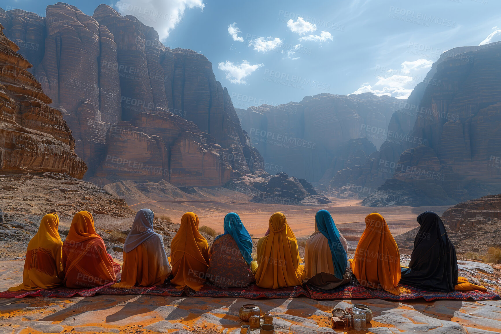 Buy stock photo Muslim, group and women praying outdoor for faith, religion and solidarity with Islam by mountains. Back of people on floor with worship of god and Allah for holy and spiritual travel or pilgrim
