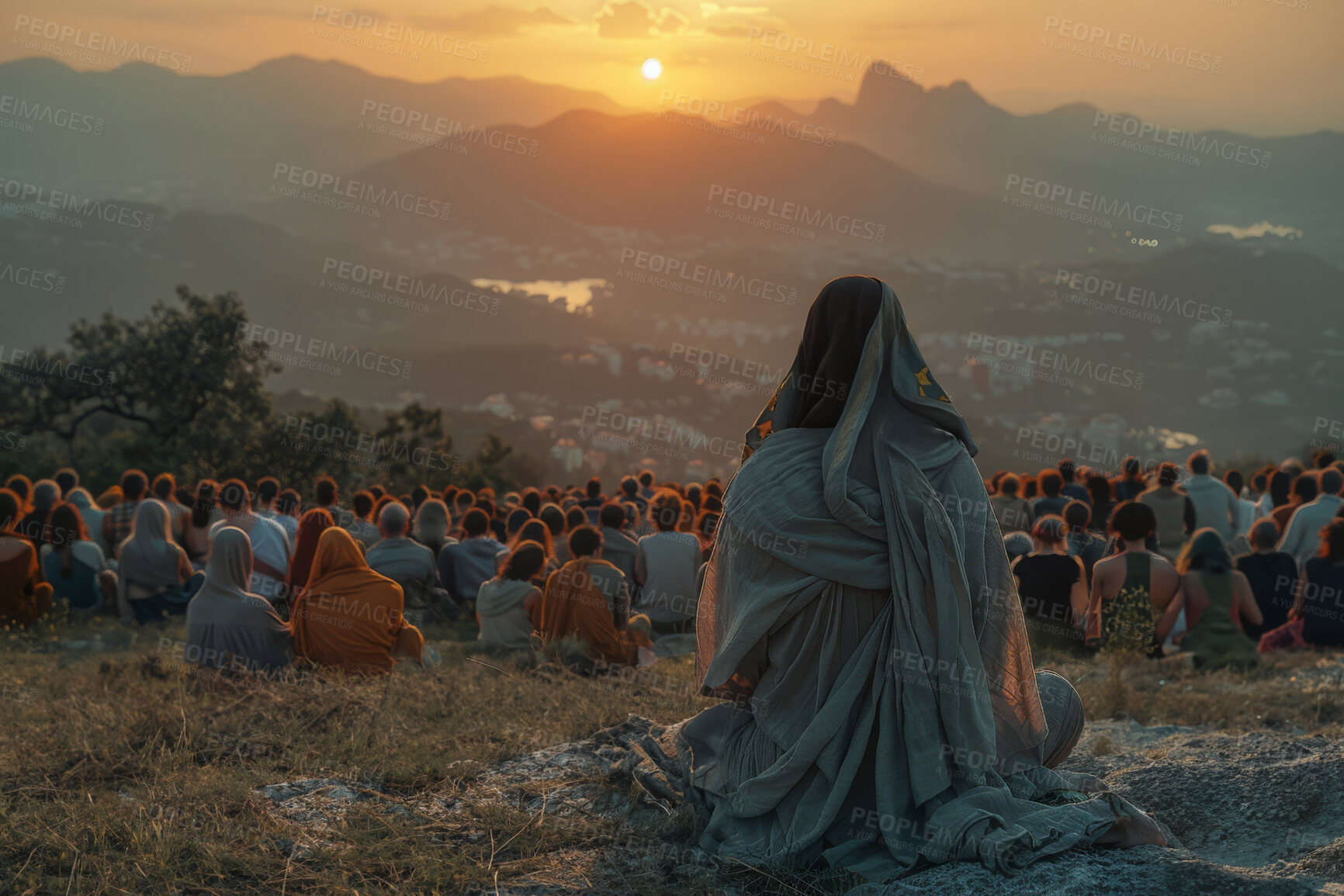 Buy stock photo God, faith and group of people with praying at sunset for worship, religion and spiritual awareness. Peace, community and support in nature with praise for gratitude, healing or religious mindfulness