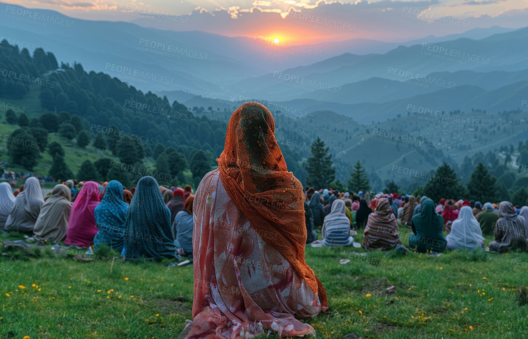 Buy stock photo Indian, group and women praying outdoor for faith, religion and solidarity with sunrise on mountains. Back of people on floor with worship of god and heaven for holy and spiritual travel or pilgrim