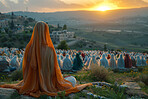 Indian women, outdoor and faith with prayer with guide, spiritual and peace with help and community. People, group or followers with trust, worship or compassion with hope or gratitude with support