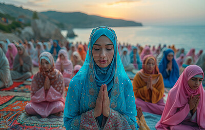 Muslim women, outdoor and praying with faith, religious and peace with hope or gratitude. Eid prayer, Islamic group or followers with trust, worship or compassion with help or spiritual with support