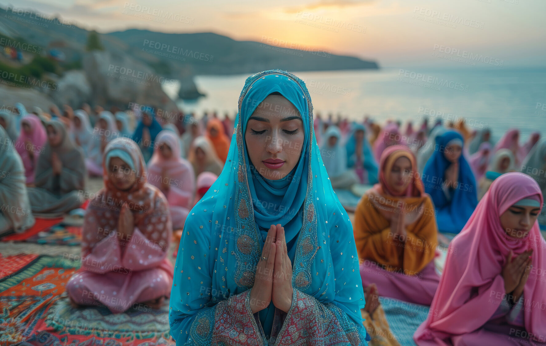 Buy stock photo Muslim women, outdoor and praying with faith, religious and peace with hope or gratitude. Eid prayer, Islamic group or followers with trust, worship or compassion with help or spiritual with support